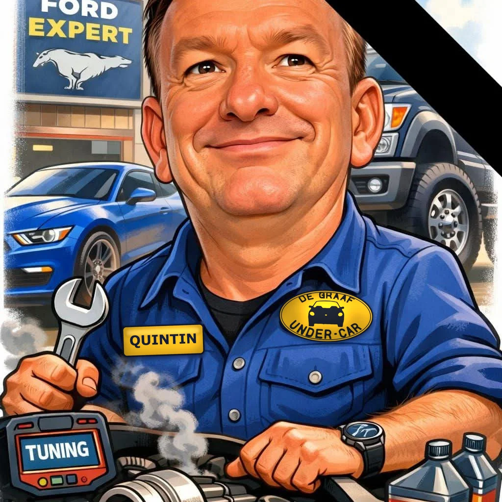 Illustrated portrait of Quintin wearing a De Graaf Under-Car shirt, holding a spanner
