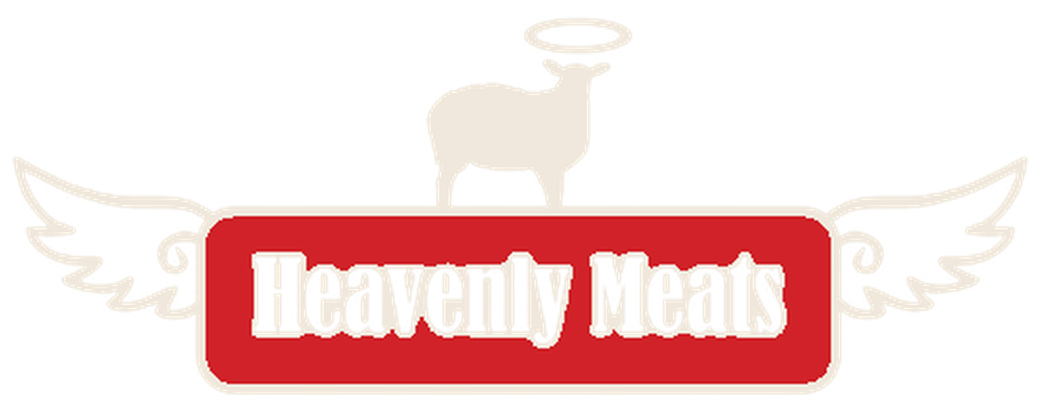 Heavenly Meats logo: a lamb with a halo above a winged red banner
