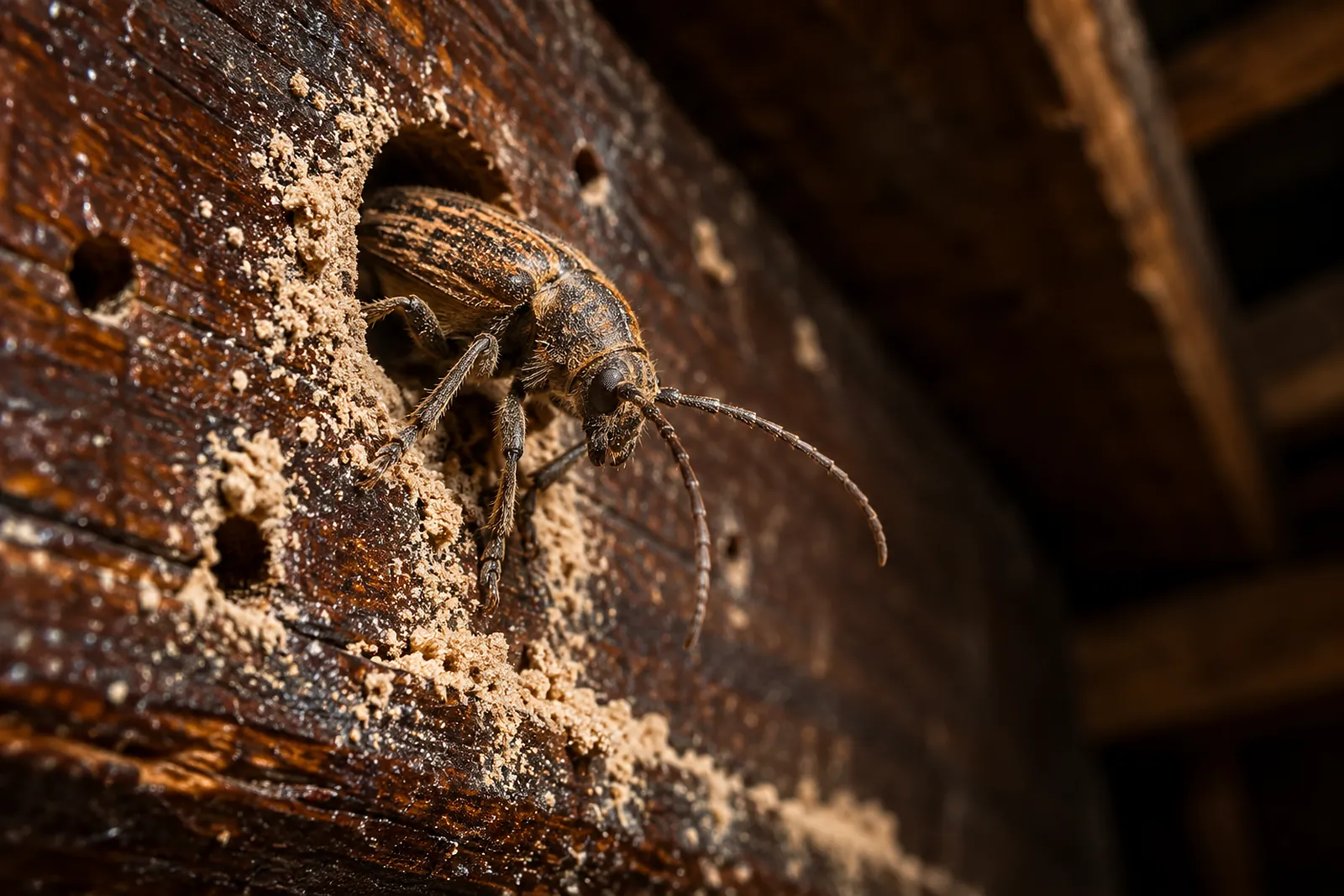 A wood borer beetle emerging from an exit hole in a roof beam