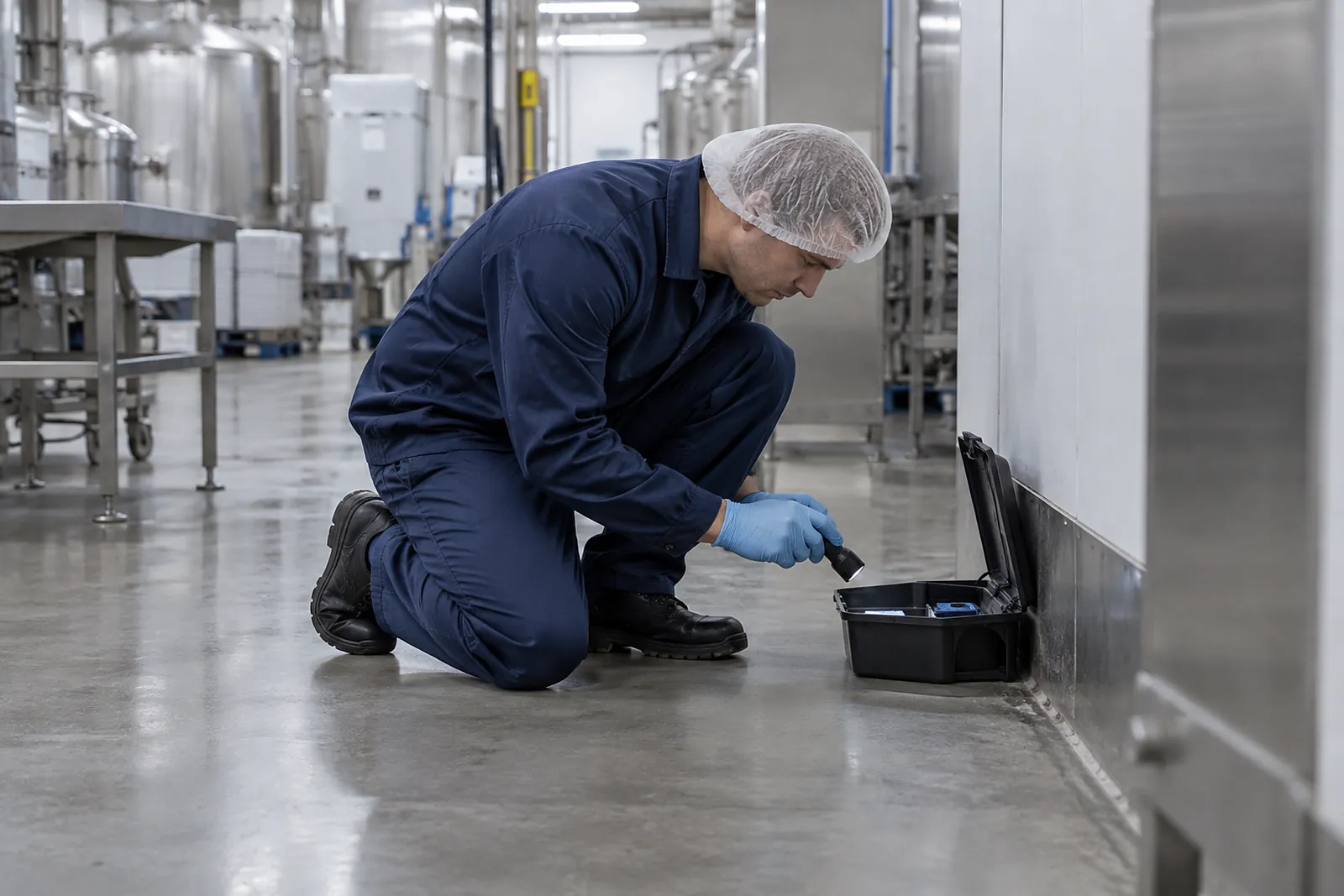 A technician checking a rodent bait station in a food factory