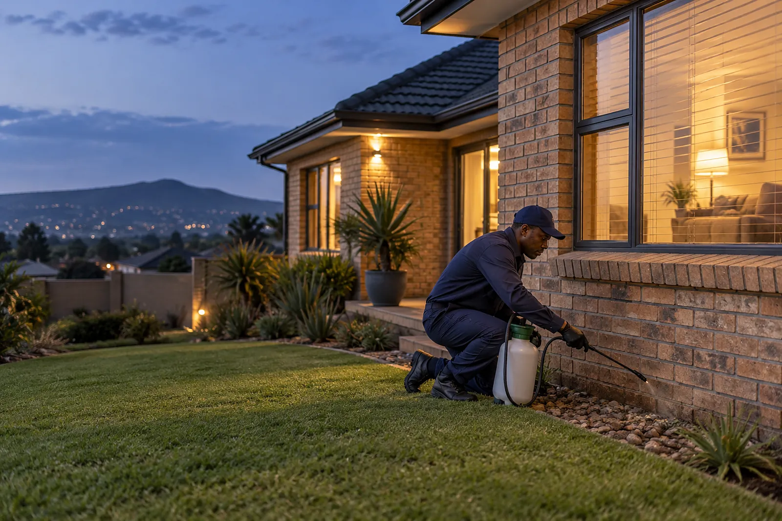A technician treating the perimeter of a face-brick home at dusk