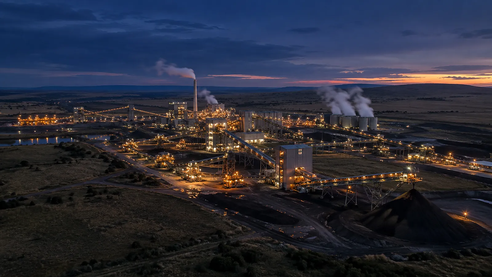 A mining and processing plant on the Mpumalanga highveld at dusk