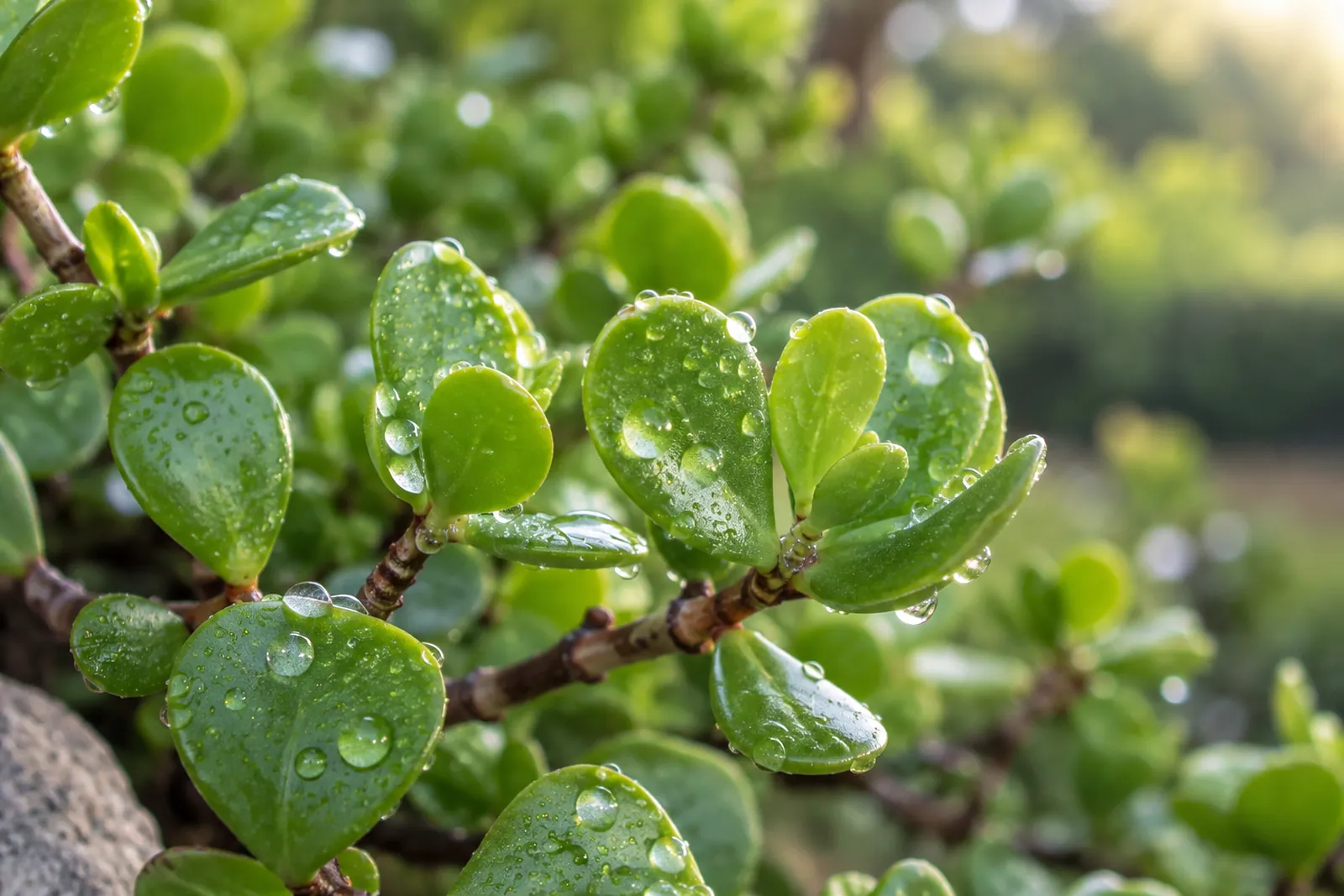 Spekboom leaves covered in morning dew