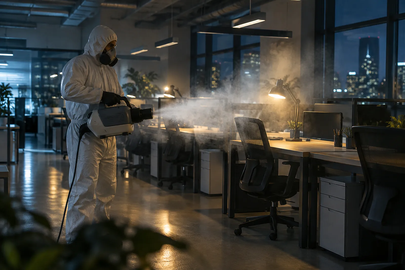 A technician fogging an empty office with disinfectant