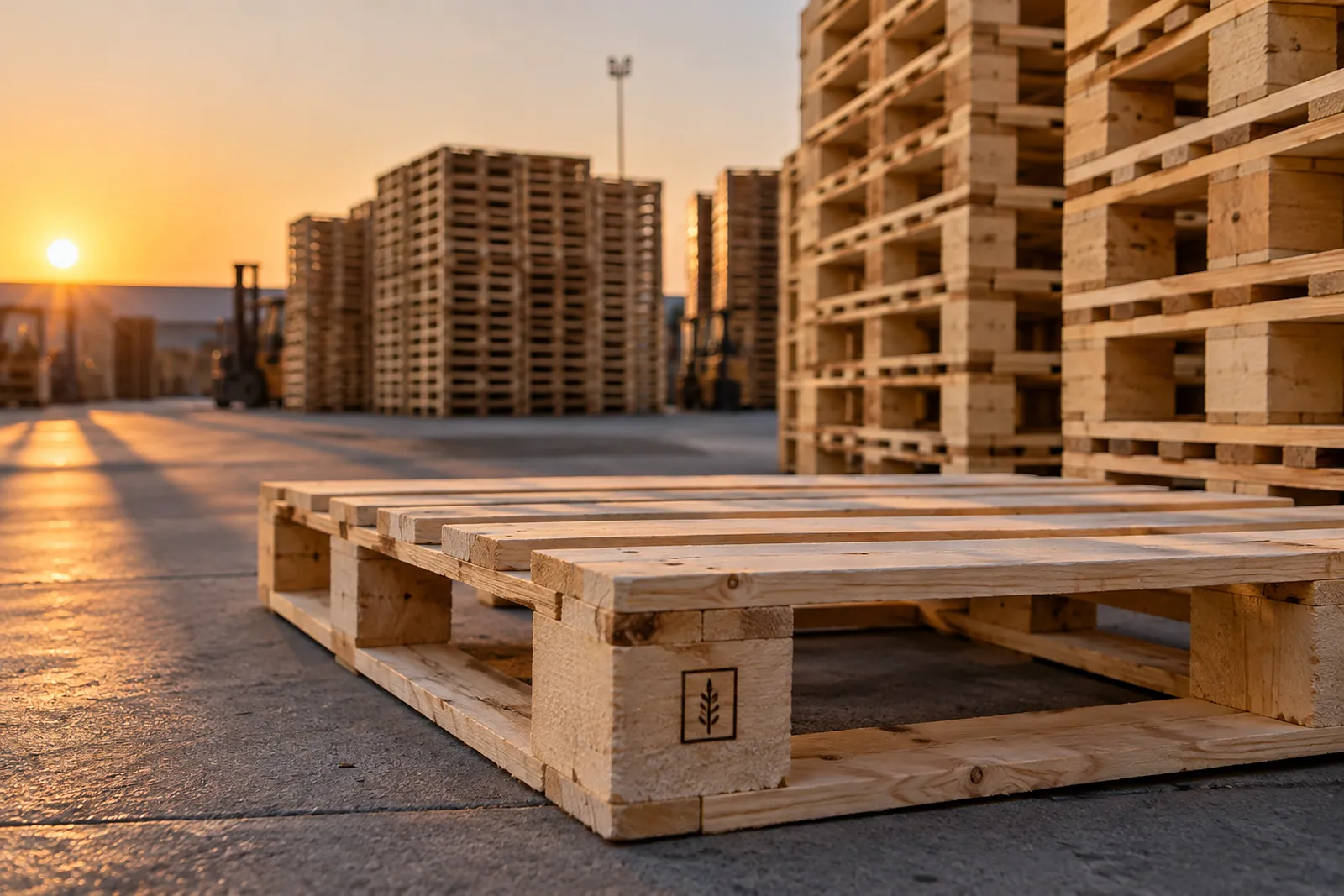 Stacks of wooden export pallets at sunset