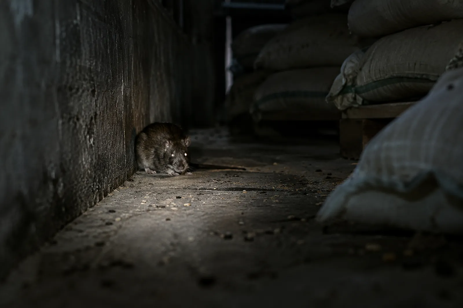A rat moving along a storeroom wall between grain sacks