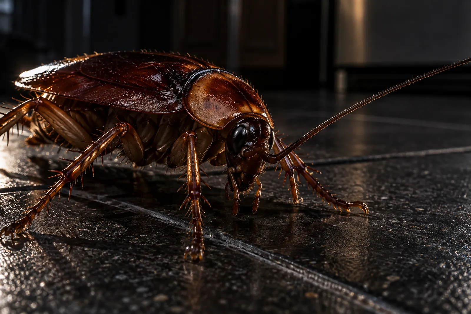 A cockroach on a kitchen floor at night