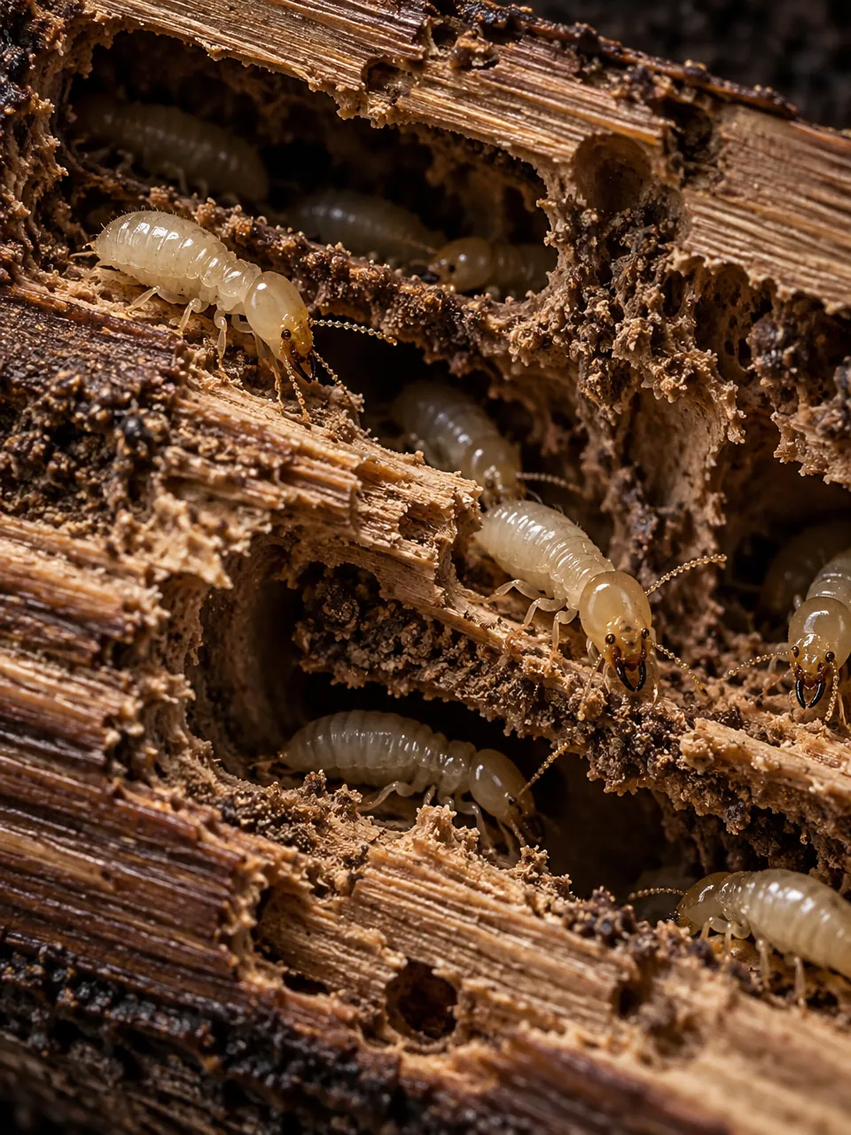 Termites tunnelling through damaged timber
