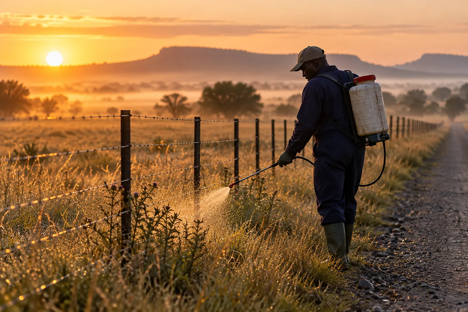 A technician spraying weeds along a fence line at sunrise