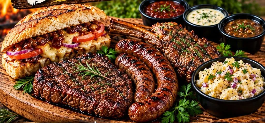 Braai platter with rump steak, boerewors, skaap tjoppie, braaibroodjie and potato salad