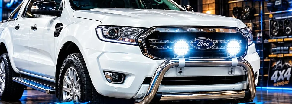 White Ford Ranger with a stainless nudge bar and LED spotlights