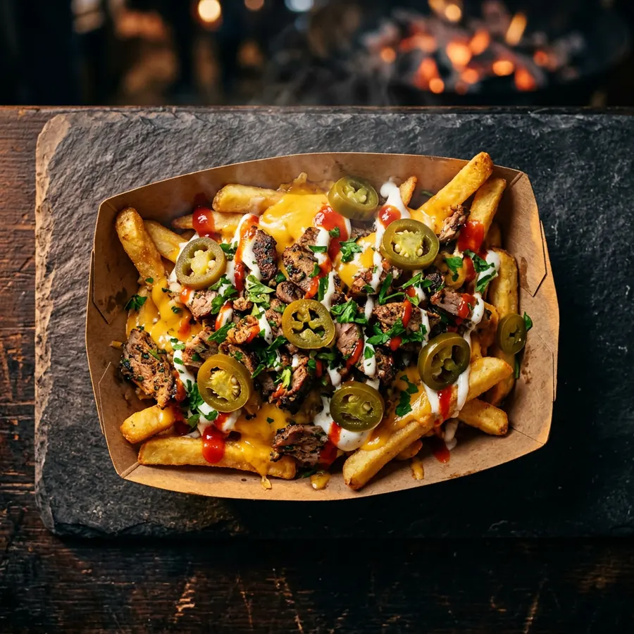 A tray of loaded fries with cheese sauce, shawarma beef, jalapeños and sauces
