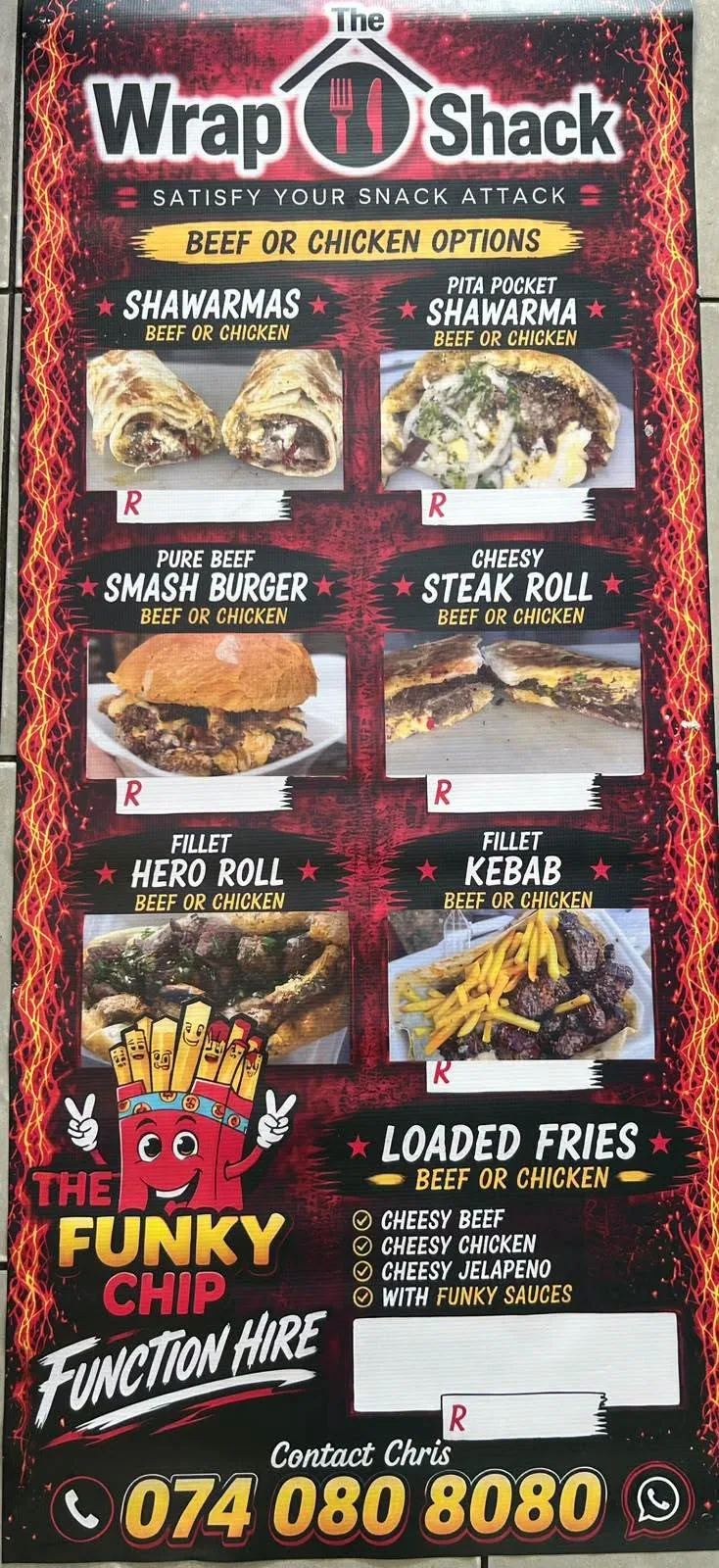 The Wrap Shack menu board: shawarmas, pita pocket shawarma, pure beef smash burger, cheesy steak roll, fillet hero roll, fillet kebab and loaded fries, all in beef or chicken. The Funky Chip function hire. Contact Chris on 074 080 8080.