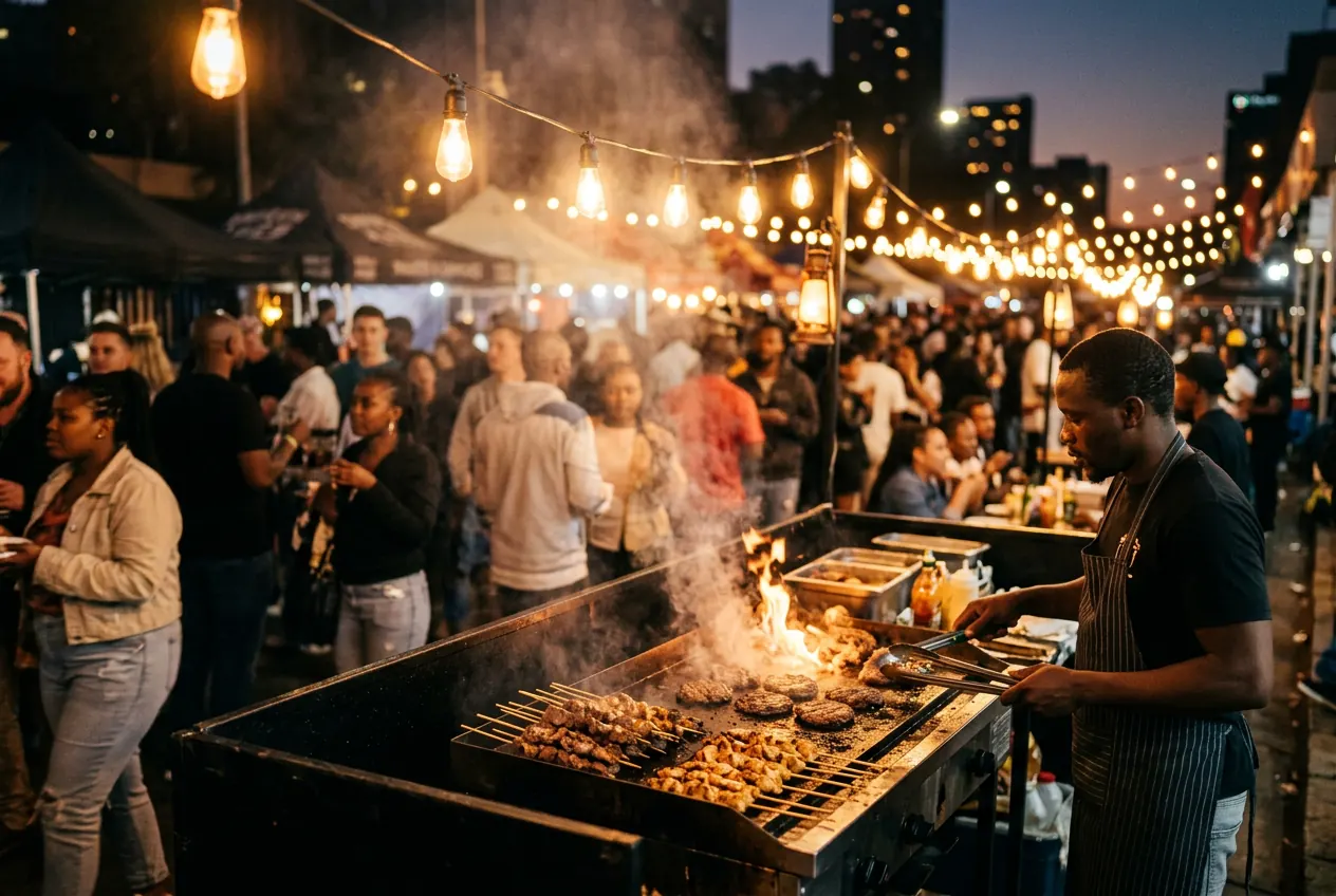 A street-food grill sizzling with kebabs and burger patties at a busy evening market under string lights