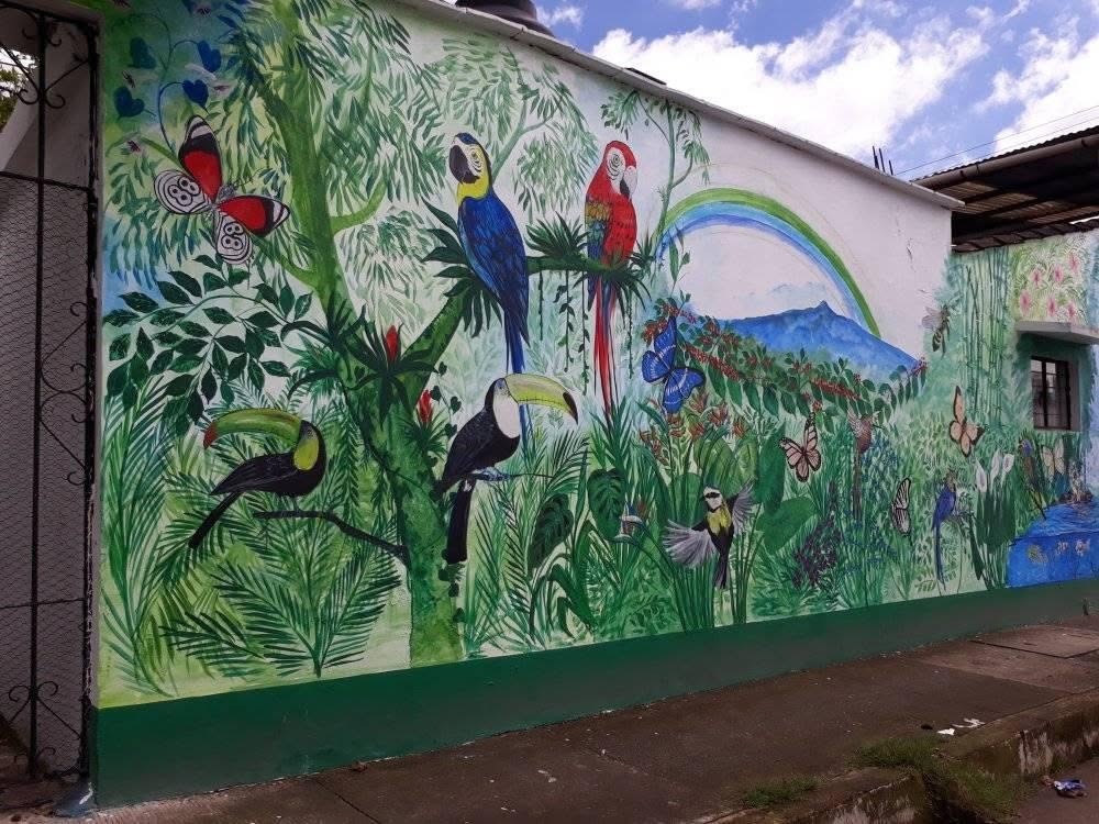 A wildlife mural of parrots, toucans and butterflies painted along an outside wall